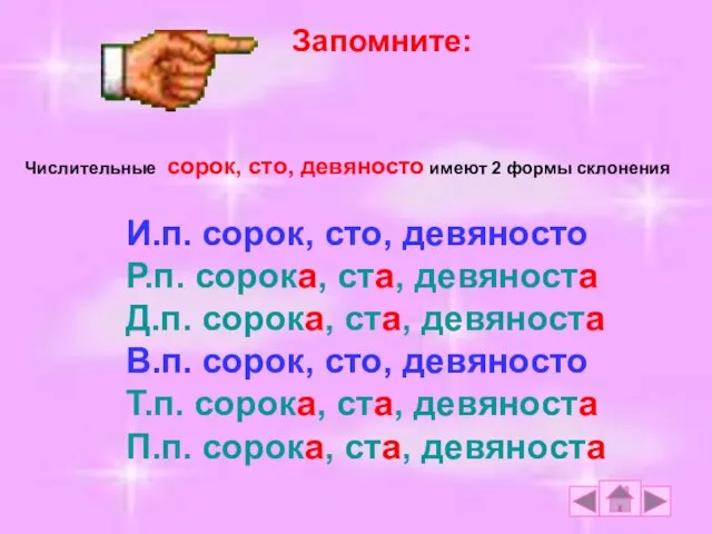 Запомните: Числительные сорок, сто, девяносто имеют 2 формы склонения И.п. сорок,