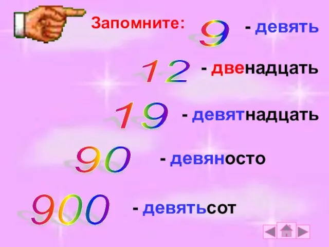 9 - девять 19 - девятнадцать 12 - двенадцать 90 - девяносто 900 - девятьсот Запомните: