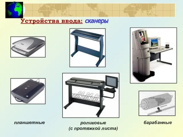 роликовые (с протяжкой листа) Устройства ввода: сканеры планшетные барабанные