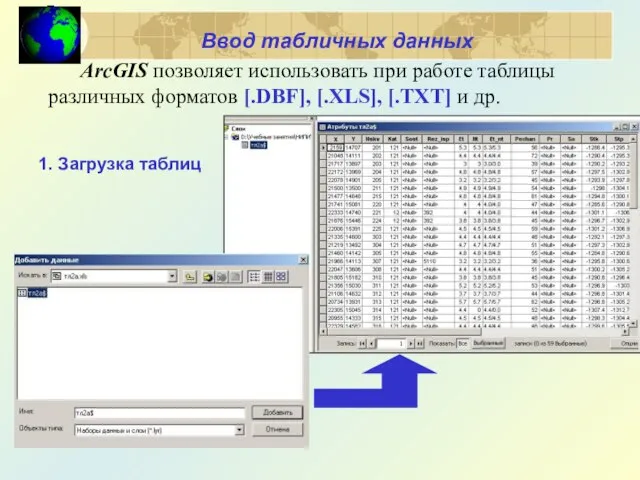 ArcGIS позволяет использовать при работе таблицы различных форматов [.DBF], [.XLS], [.TXT]