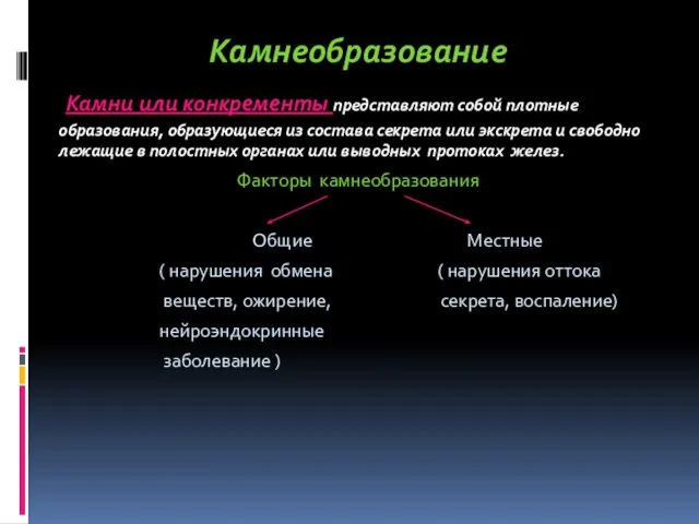 Камнеобразование Камни или конкременты представляют собой плотные образования, образующиеся из состава