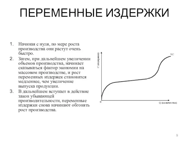 ПЕРЕМЕННЫЕ ИЗДЕРЖКИ Начиная с нуля, по мере роста производства они растут