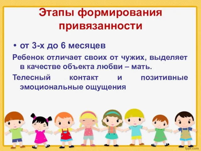 Этапы формирования привязанности от 3-х до 6 месяцев Ребенок отличает своих