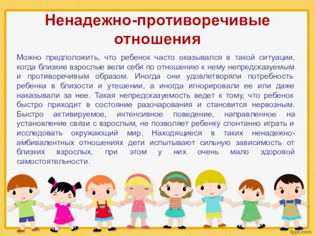 Ненадежно-противоречивые отношения Можно предположить, что ребенок часто оказывался в такой ситуации,