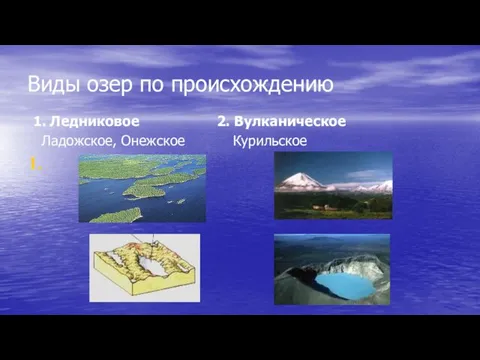 Виды озер по происхождению 1. Ледниковое 2. Вулканическое Ладожское, Онежское Курильское