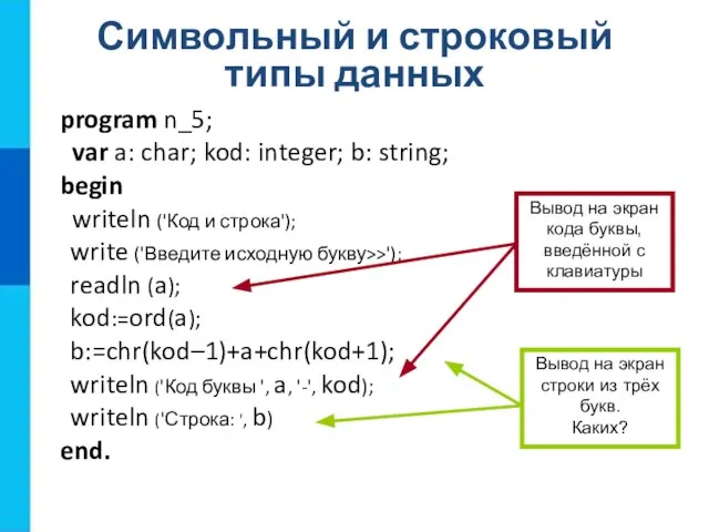 Символьный и строковый типы данных program n_5; var a: char; kod: