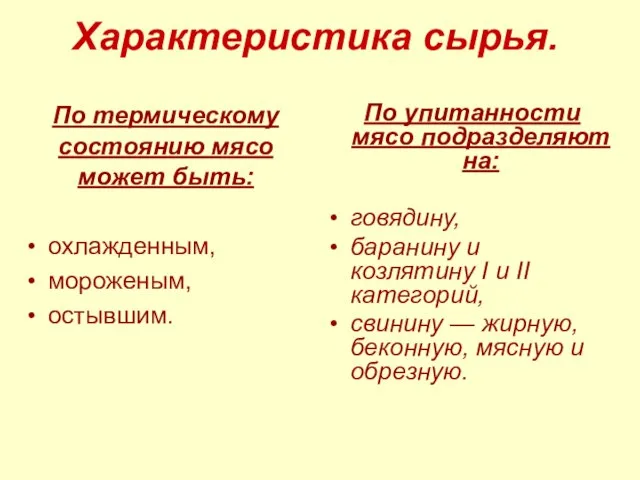 По термическому состоянию мясо может быть: охлажденным, мороженым, остывшим. Характеристика сырья.