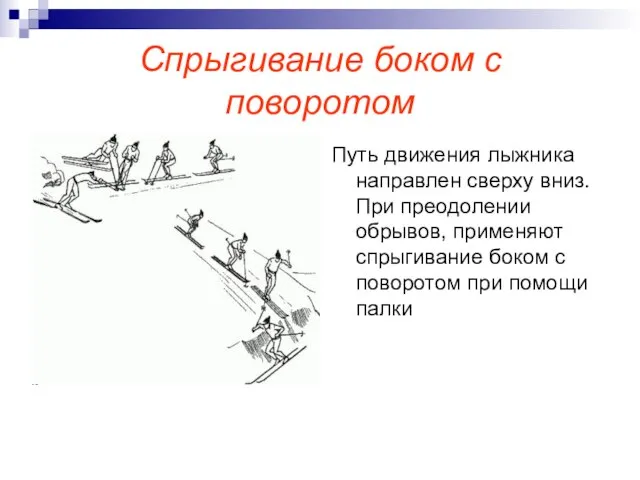 Спрыгивание боком с поворотом Путь движения лыжника направлен сверху вниз. При