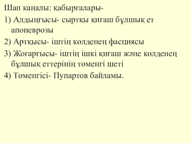 Шап каналы: қабырғалары- 1) Алдыңғысы- сыртқы қиғаш бұлшық ет апоневрозы 2)