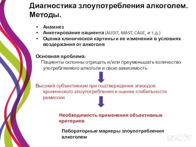 Диагностика злоупотребления алкоголем. Методы. Анамнез Анкетирование пациента (AUDIT, MAST, CAGE, и