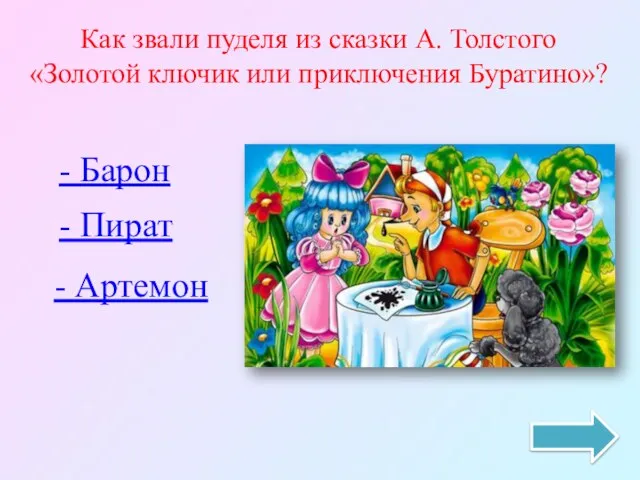 Как звали пуделя из сказки А. Толстого «Золотой ключик или приключения