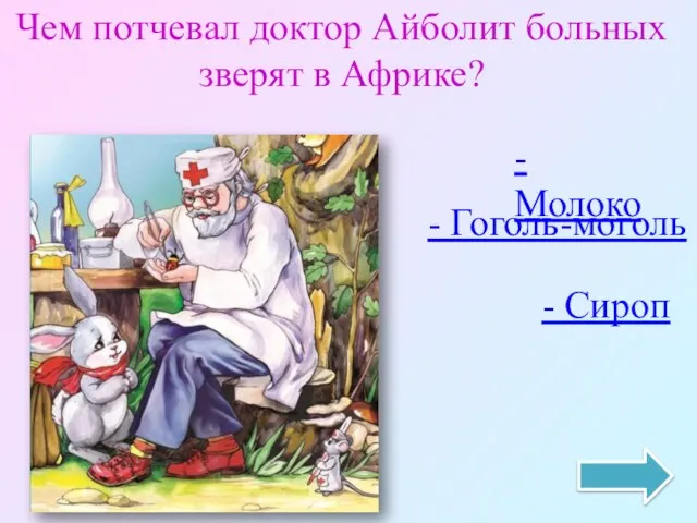 Чем потчевал доктор Айболит больных зверят в Африке? - Молоко - Гоголь-моголь - Сироп