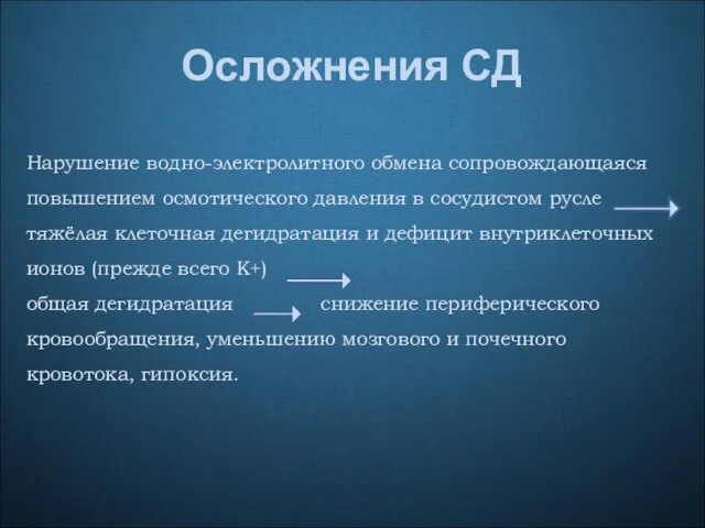 Осложнения СД Нарушение водно-электролитного обмена сопровождающаяся повышением осмотического давления в сосудистом