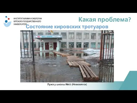 Состояние кировских тротуаров Лужа у школы №65 (Нововятск) Какая проблема?