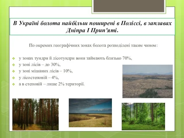 По окремих географічних зонах болота розподілені таким чином: у зонах тундри