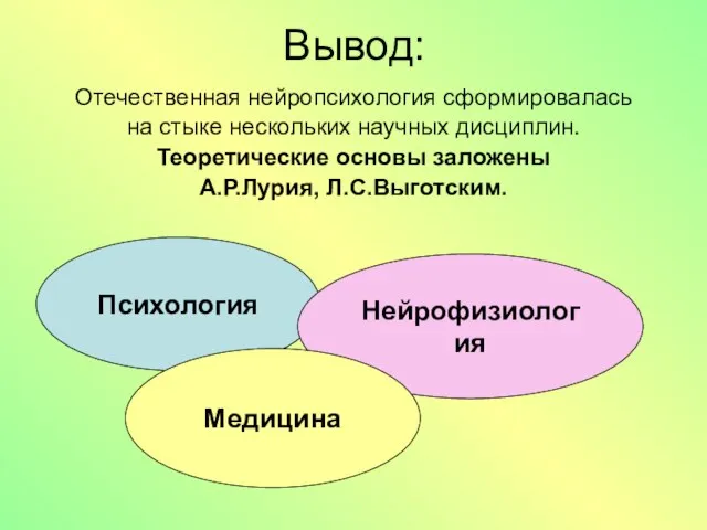 Вывод: Отечественная нейропсихология сформировалась на стыке нескольких научных дисциплин. Теоретические основы