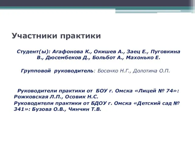 Участники практики Студент(ы): Агафонова К., Окишев А., Заец Е., Пуговкина В.,