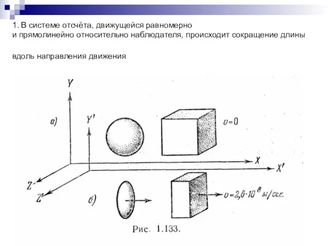 1. В системе отсчёта, движущейся равномерно и прямолинейно относительно наблюдателя, происходит сокращение длины вдоль направления движения