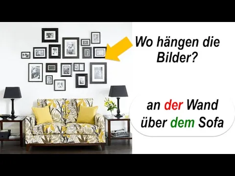 Wo hängen die Bilder? an der Wand über dem Sofa