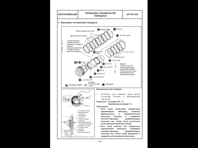 ОБСЛУЖИВАНИЕ Функциональная проверка Используя щуп, измерьте зазор между стопорным кольцом и