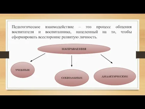 Педагогическое взаимодействие – это процесс общения воспитателя и воспитанника, нацеленный на