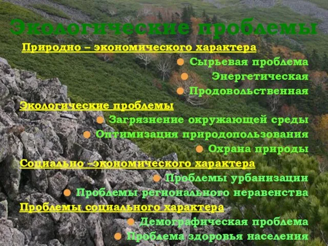 Природно – экономического характера Сырьевая проблема Энергетическая Продовольственная Экологические проблемы Загрязнение