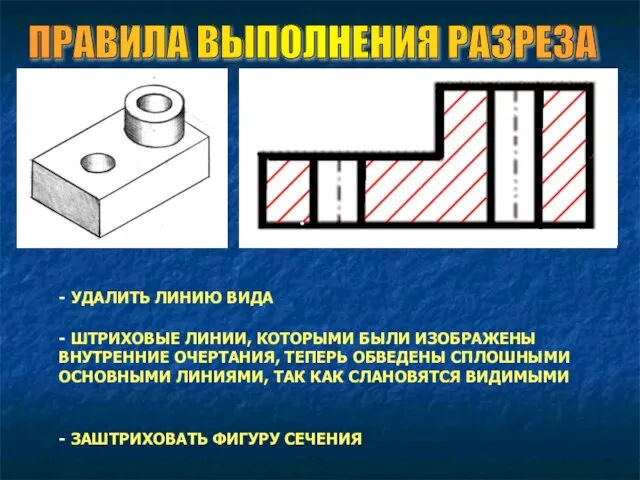 ПРАВИЛА ВЫПОЛНЕНИЯ РАЗРЕЗА - УДАЛИТЬ ЛИНИЮ ВИДА - ШТРИХОВЫЕ ЛИНИИ, КОТОРЫМИ