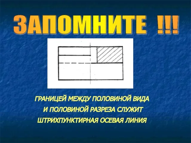 ГРАНИЦЕЙ МЕЖДУ ПОЛОВИНОЙ ВИДА И ПОЛОВИНОЙ РАЗРЕЗА СЛУЖИТ ШТРИХПУНКТИРНАЯ ОСЕВАЯ ЛИНИЯ ЗАПОМНИТЕ !!!