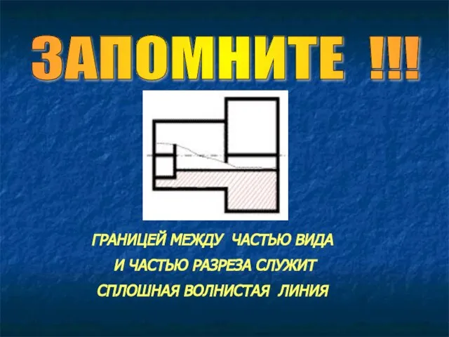 ГРАНИЦЕЙ МЕЖДУ ЧАСТЬЮ ВИДА И ЧАСТЬЮ РАЗРЕЗА СЛУЖИТ СПЛОШНАЯ ВОЛНИСТАЯ ЛИНИЯ ЗАПОМНИТЕ !!!