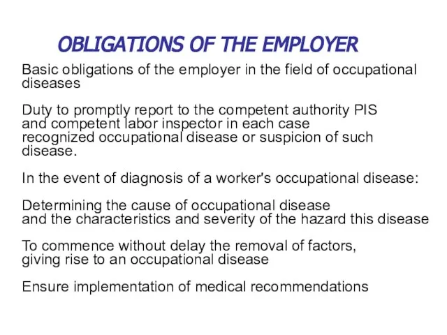 Basic obligations of the employer in the field of occupational diseases