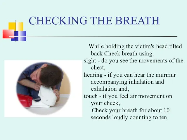 CHECKING THE BREATH While holding the victim's head tilted back Check