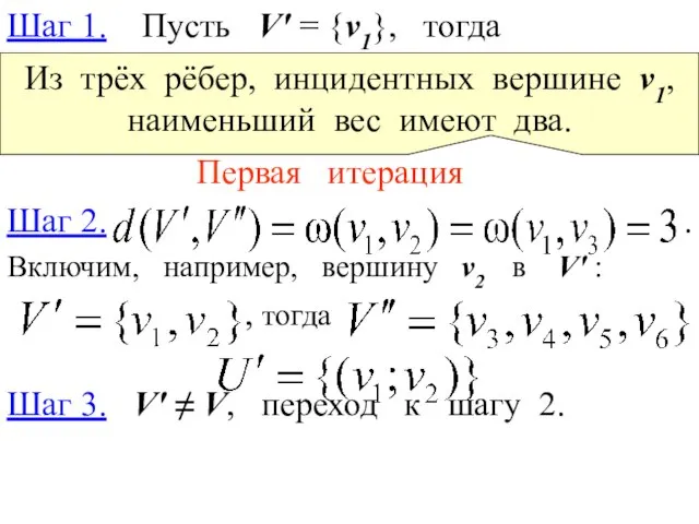 Шаг 1. Пусть V′ = {v1}, тогда V′′ = {v2, v3,