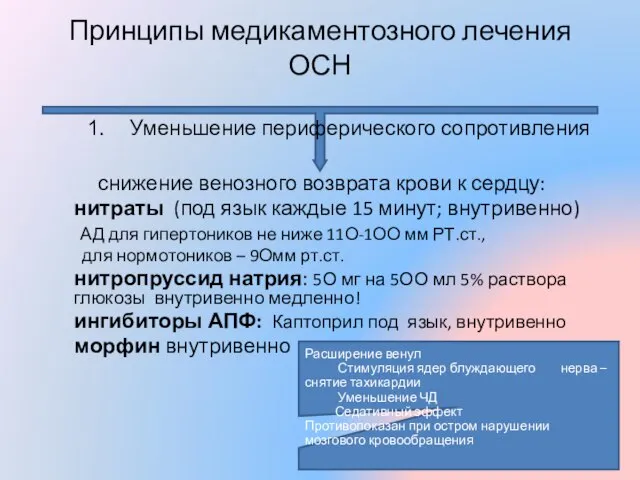 Расширение венул Стимуляция ядер блуждающего нерва – снятие тахикардии Уменьшение ЧД