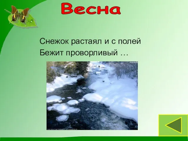 Снежок растаял и с полей Бежит проворливый … Весна