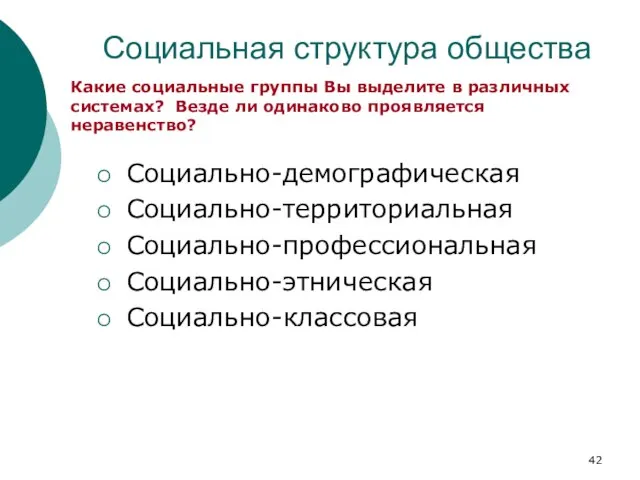 Социальная структура общества Социально-демографическая Социально-территориальная Социально-профессиональная Социально-этническая Социально-классовая Какие социальные группы