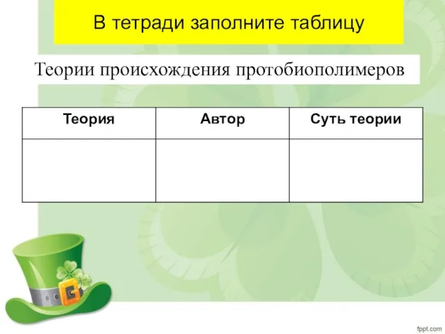 В тетради заполните таблицу Теории происхождения протобиополимеров