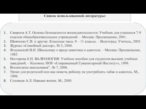 Список использованной литературы: Смирнов А.Т. Основы безопасности жизнедеятельности: Учебник для учащихся