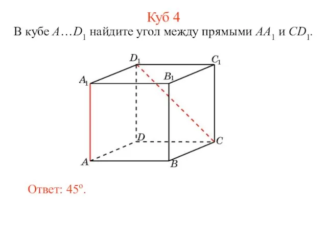 В кубе A…D1 найдите угол между прямыми AA1 и CD1. Ответ: 45o. Куб 4