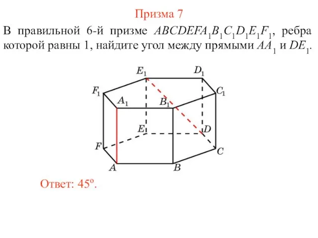 В правильной 6-й призме ABCDEFA1B1C1D1E1F1, ребра которой равны 1, найдите угол