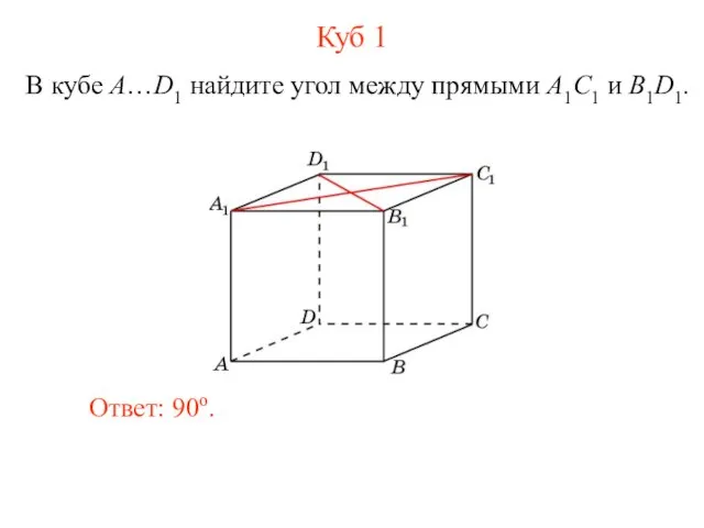 В кубе A…D1 найдите угол между прямыми A1C1 и B1D1. Ответ: 90o. Куб 1