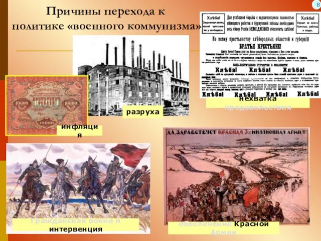 Причины перехода к политике «военного коммунизма» обеспечение Красной Армии нехватка продовольствия