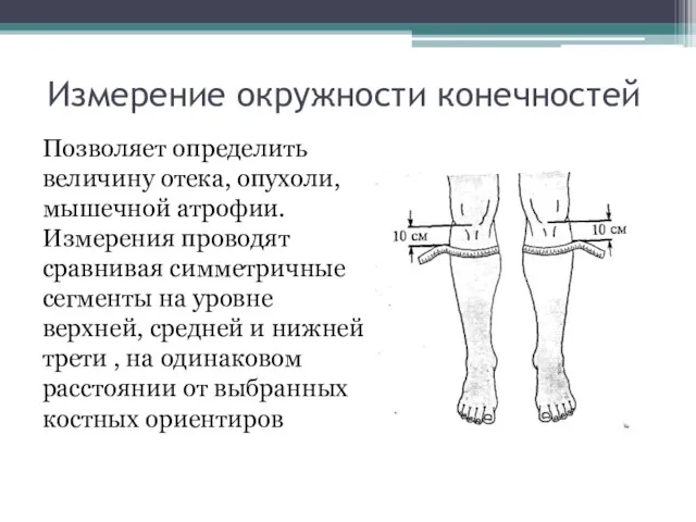 Измерение окружности конечностей Позволяет определить величину отека, опухоли, мышечной атрофии. Измерения