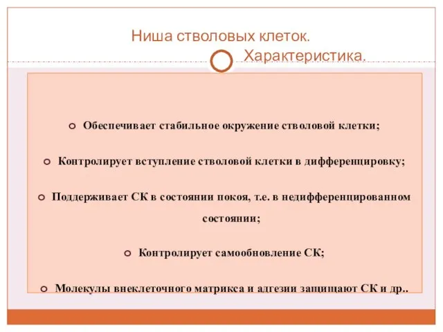 Ниша стволовых клеток. Характеристика. Обеспечивает стабильное окружение стволовой клетки; Контролирует вступление