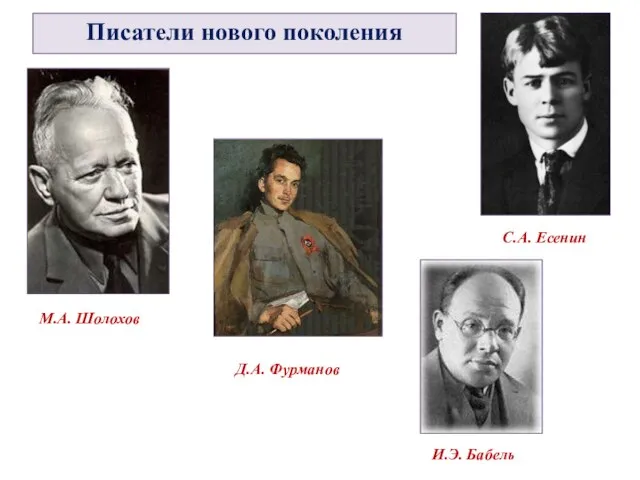 Писатели нового поколения С.А. Есенин М.А. Шолохов Д.А. Фурманов И.Э. Бабель