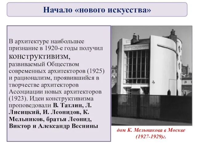 В архитектуре наибольшее признание в 1920-е годы получил конструктивизм, развиваемый Обществом