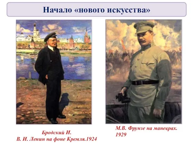 Бродский И. В. И. Ленин на фоне Кремля.1924 М.В. Фрунзе на маневрах. 1929 Начало «нового искусства»