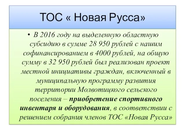 ТОС « Новая Русса» В 2016 году на выделенную областную субсидию