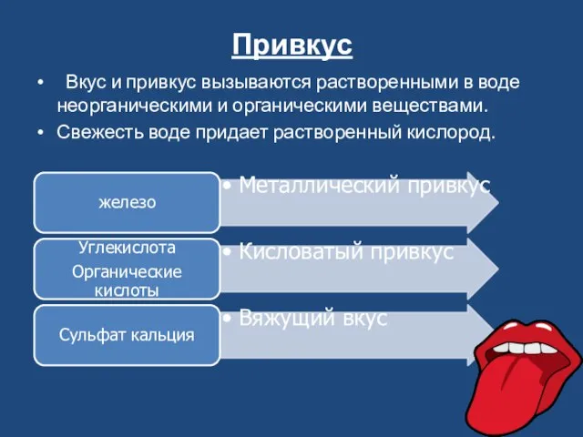 Привкус Вкус и привкус вызываются растворенными в воде неорганическими и органическими