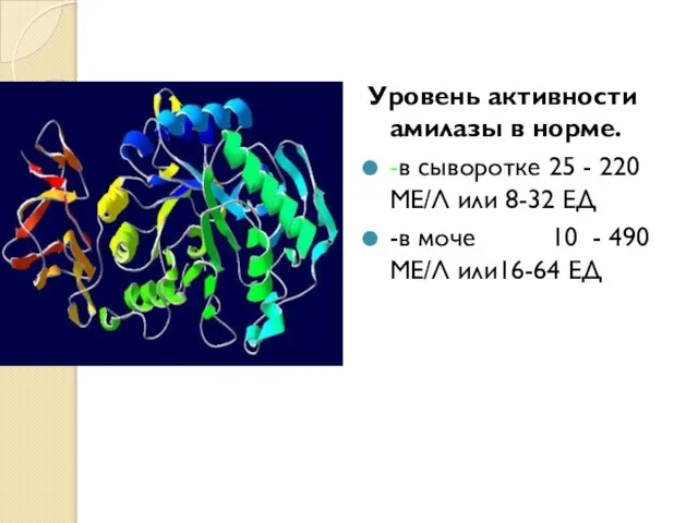 Уровень активности амилазы в норме. -в сыворотке 25 - 220 МЕ/Л