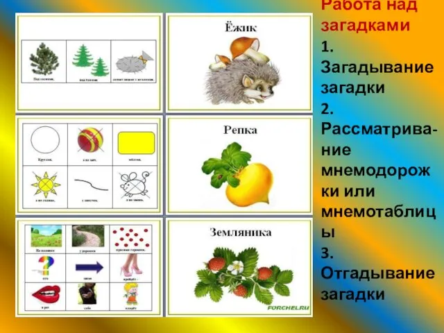 Работа над загадками 1.Загадывание загадки 2.Рассматрива-ние мнемодорожки или мнемотаблицы 3.Отгадывание загадки В н Конкурс“моя педагогическая инициатива-2012”